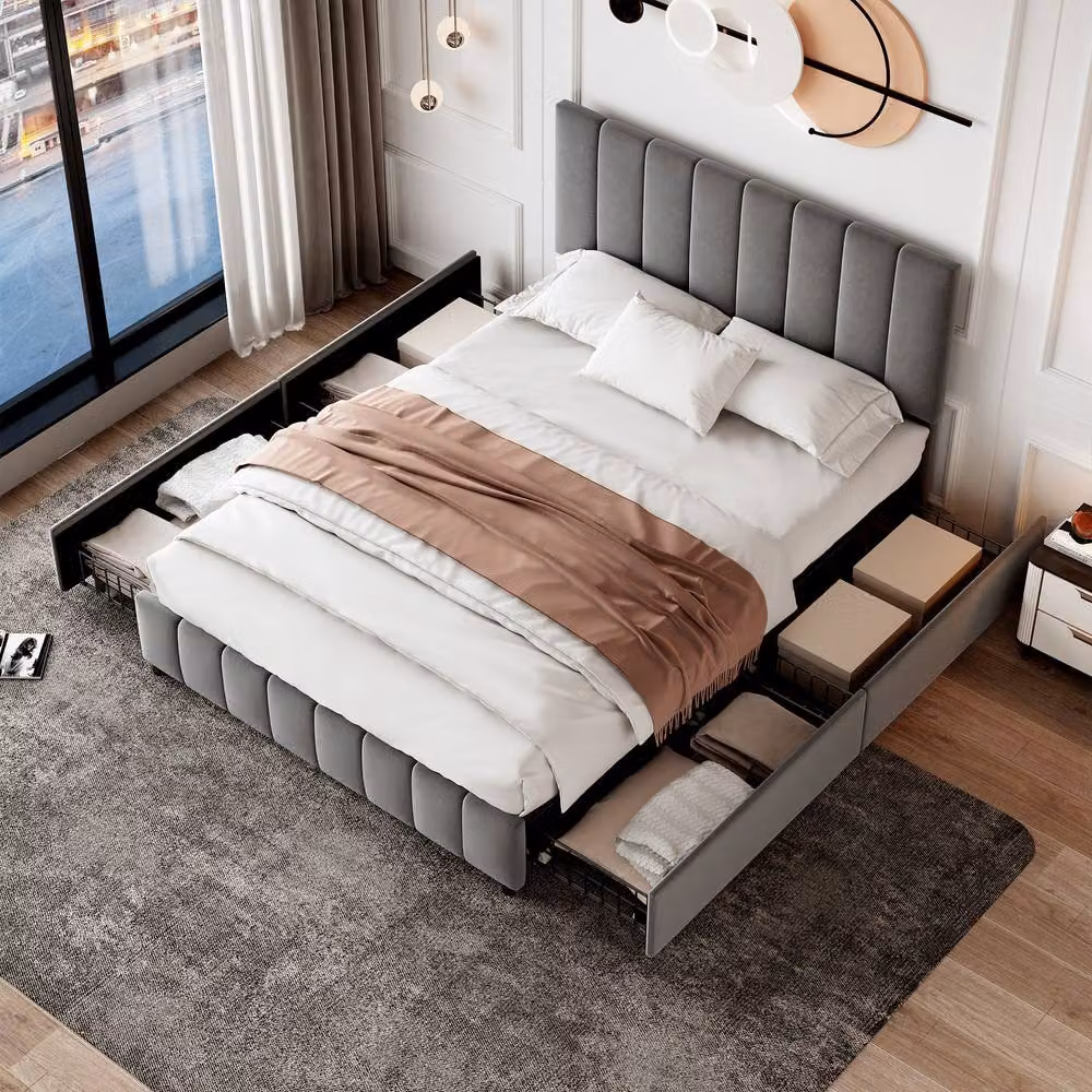 Matteo Double Velvet Upholstered Bed Frame with 4 Drawers in Grey, W/D/H: 140 x 200 cm – 2