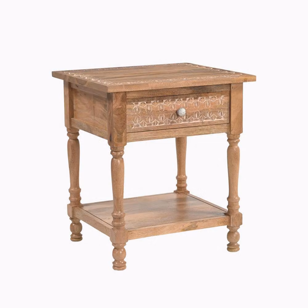 FurnitureboxUK Lima 1 Drawer Carved Bedside Table in Light Brown Mango and Oak Wood – 2