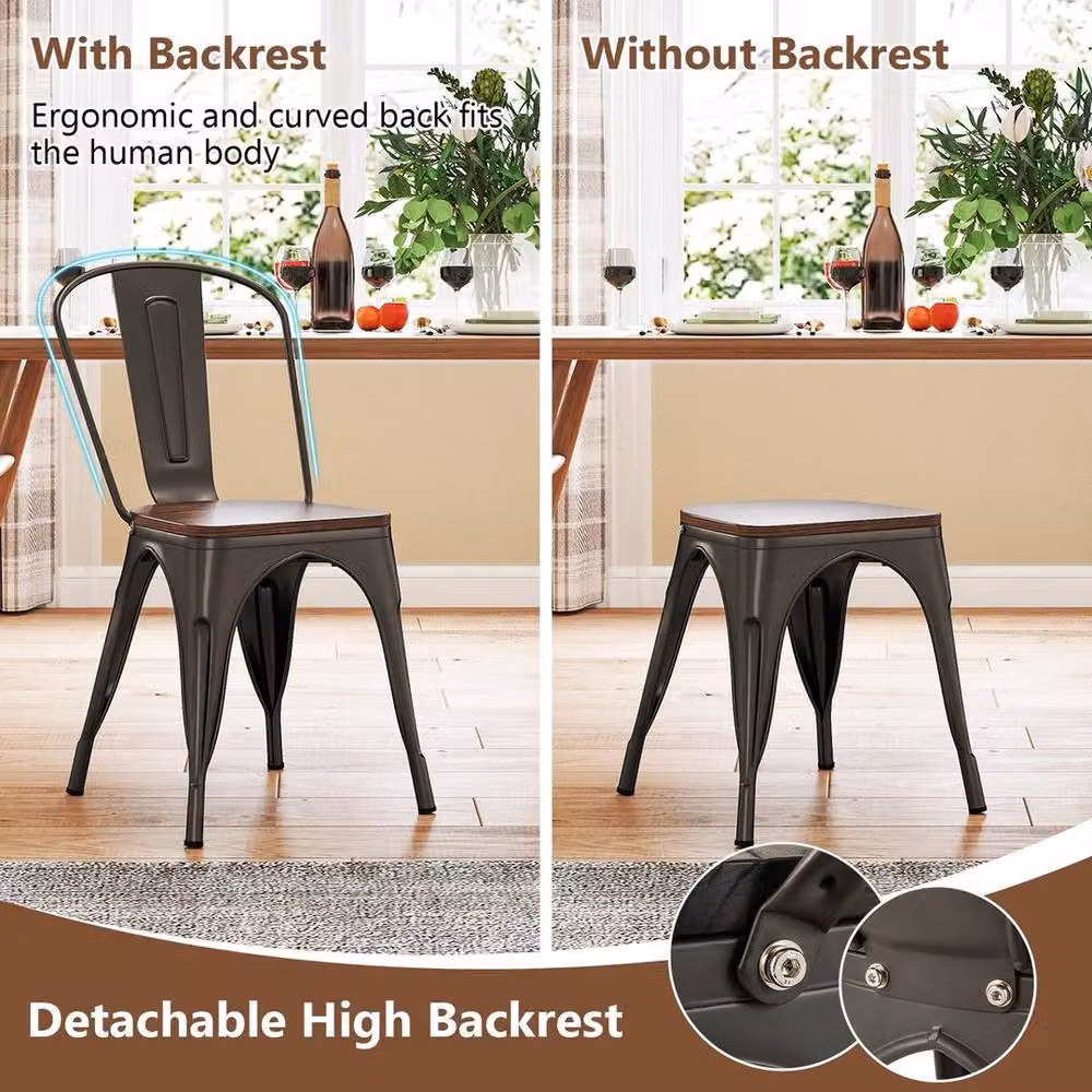 KORVIXA Set of 4 Stackable Industrial Metal and Wood Dining Chairs in Brown – 5