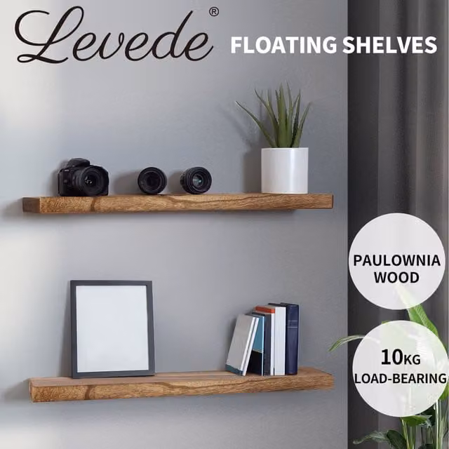 Levede 2 Pack Brown Wood Floating Shelves, Width: 61 cm