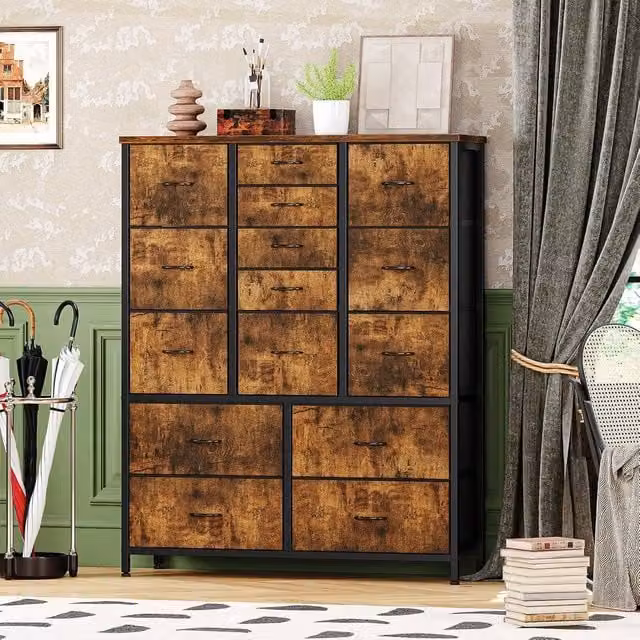 London Boutique 15 Drawer Fabric Dresser Chest of Drawers in Brown