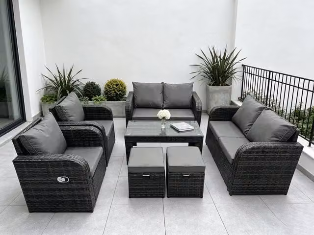 Fimous 8-Seater Grey PE Rattan Garden Furniture Set with Reclining 2-Seater Sofa, Coffee Table, Lounge Armchair and Ottoman
