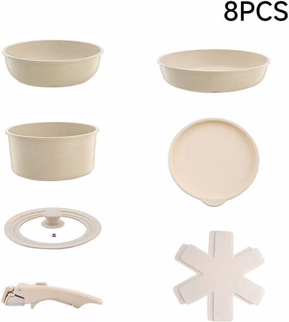 Living and Home 8-Piece Non-Stick Ceramic Pots and Pans Set with Removable Handle in Beige