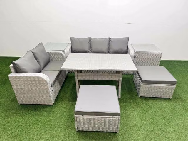Fimous 7 Seater Grey PE Rattan Wicker Garden Furniture Set with Rectangular Dining Table, 3 Seater Sofa, Love Seat and 2 Footstools