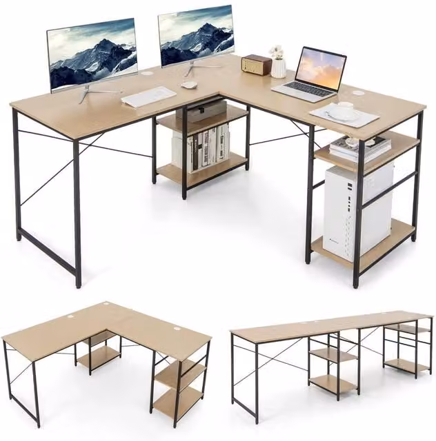 VOGREX L-Shaped Corner Computer Desk with Storage Shelf in Brown and Beige – 1