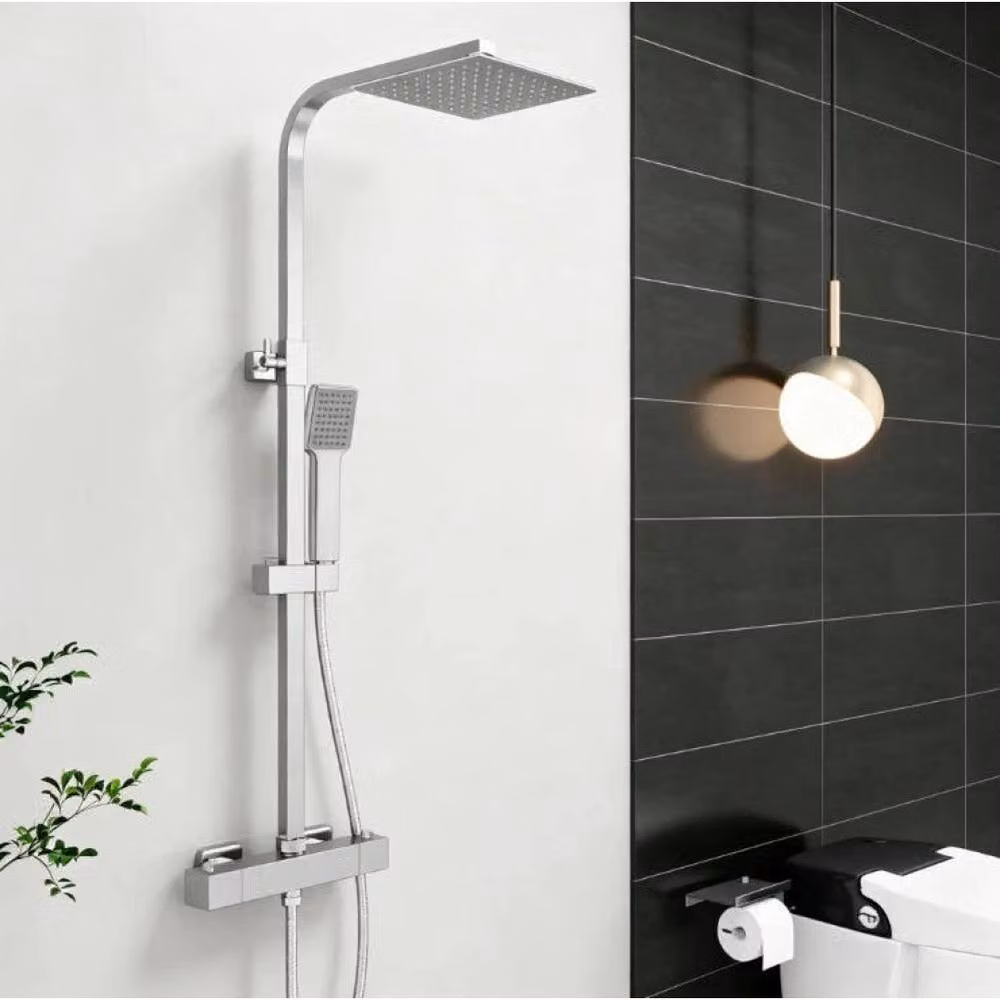 VOGREX Chrome Thermostatic Exposed Dual-Head Shower Set with Rain Overhead Shower in Silver – 2