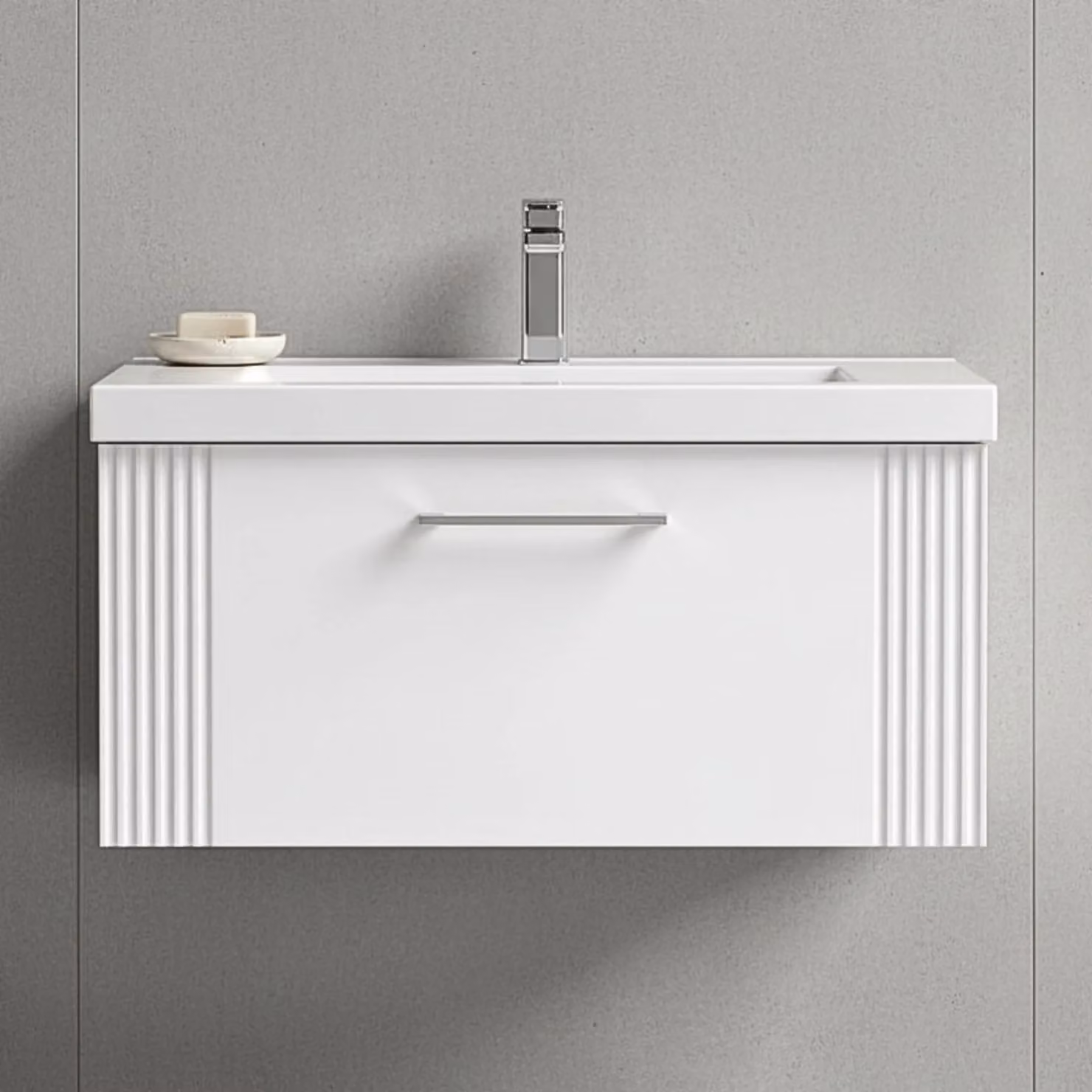 Balterley Wall Hung 1 Drawer Vanity Unit with Mid-Edge Basin, Satin White, Width: 80 cm – 4