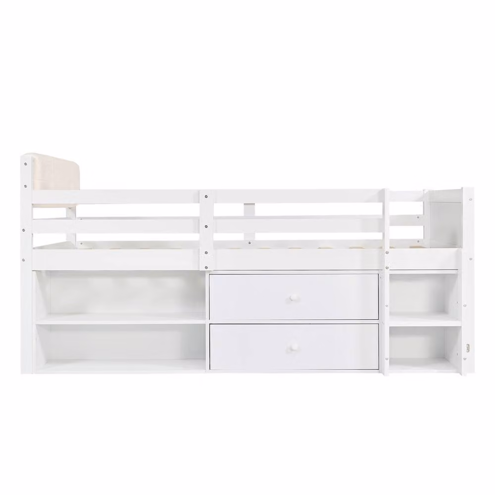 Merax White Single Cabin Bed for Children with Guardrail, Drawers and Shelves Headboard, W/D/H: 195 x 90 x 94 cm – 2
