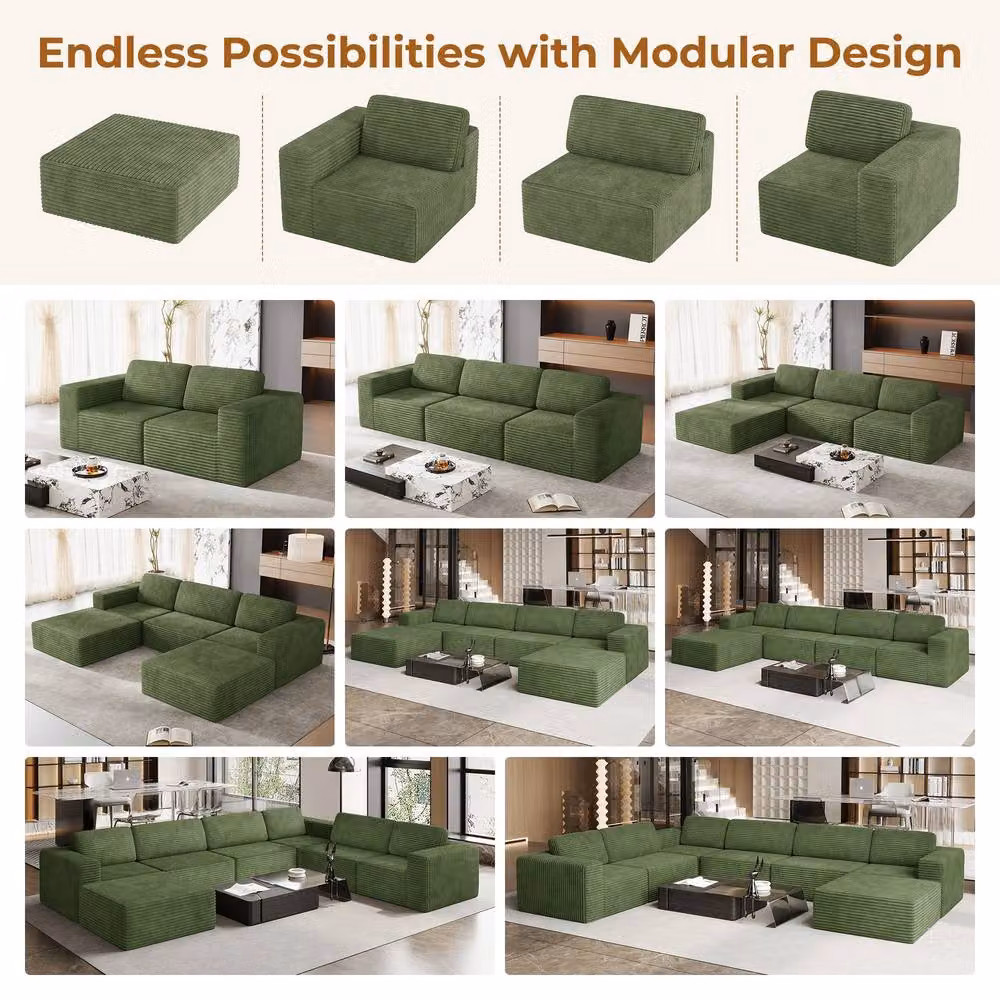 Dprodo Corduroy Modular L-Shape Sofa in Green with Matching Ottoman and Removable Covers – 3
