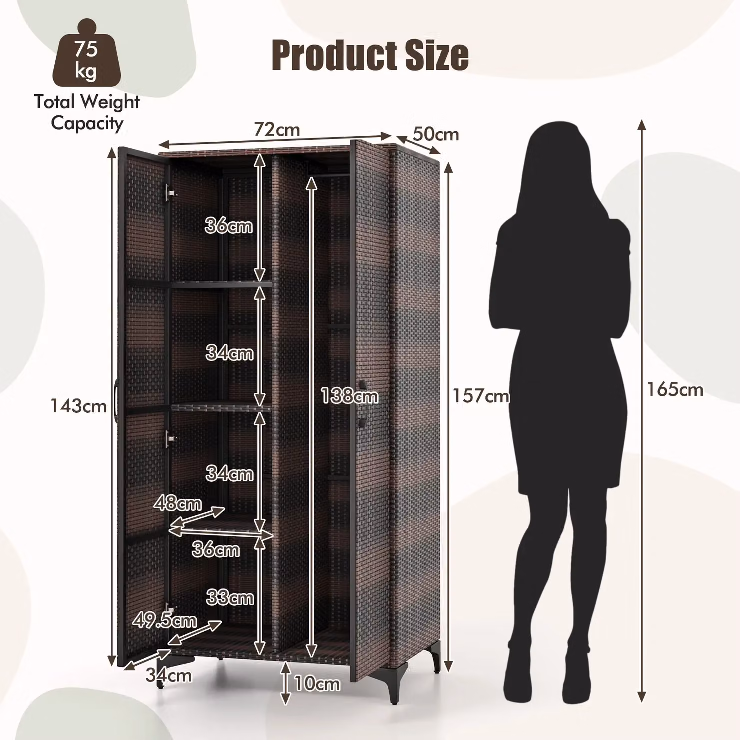 Costway PE Rattan Wardrobe in Brown with Hanging Rod and Hinged Doors, Width: 157 cm – 3