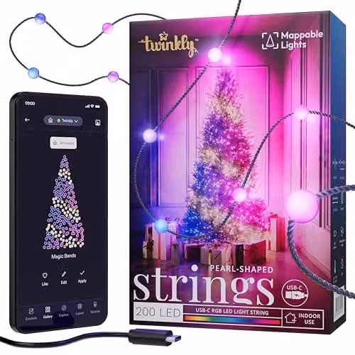 Twinkly USB-C Pearl Shaped RGBIC LED Christmas String Lights, 200 LED, Multicolour, Green Wire, 12m
