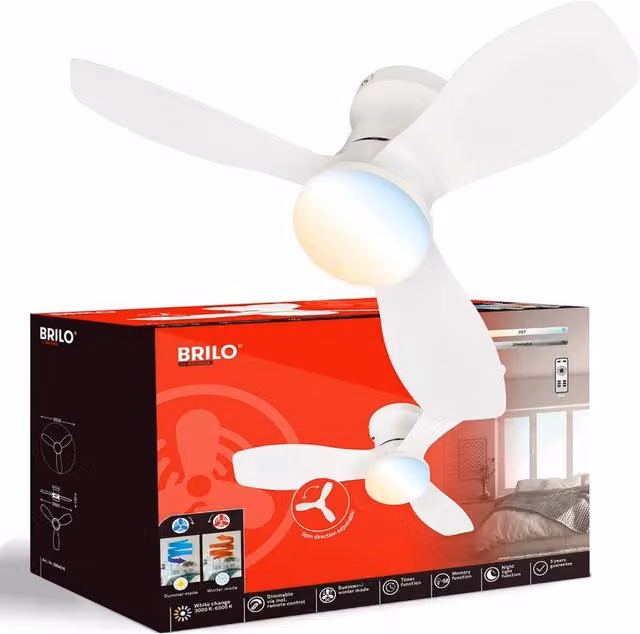 Briloner White LED Ceiling Fan with Colour Changing Light and Remote Control, 600 mm