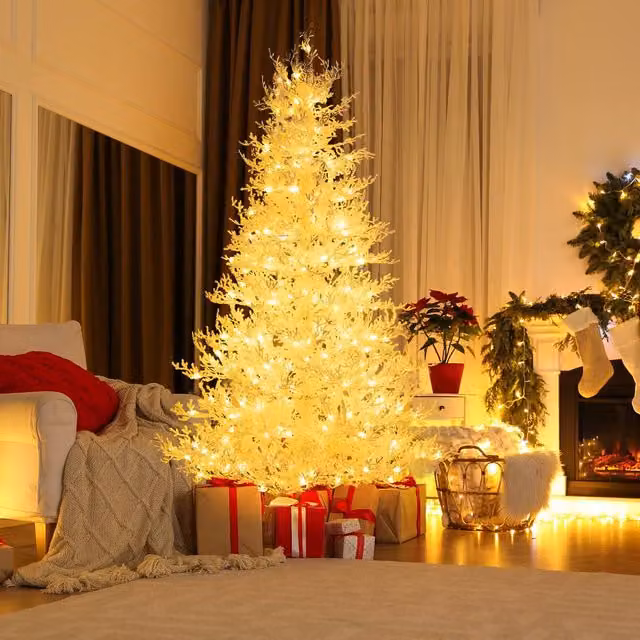 Gymax 180 cm Pre-lit Artificial Christmas Tree with Snow Flocked Branch Tips in White – 1