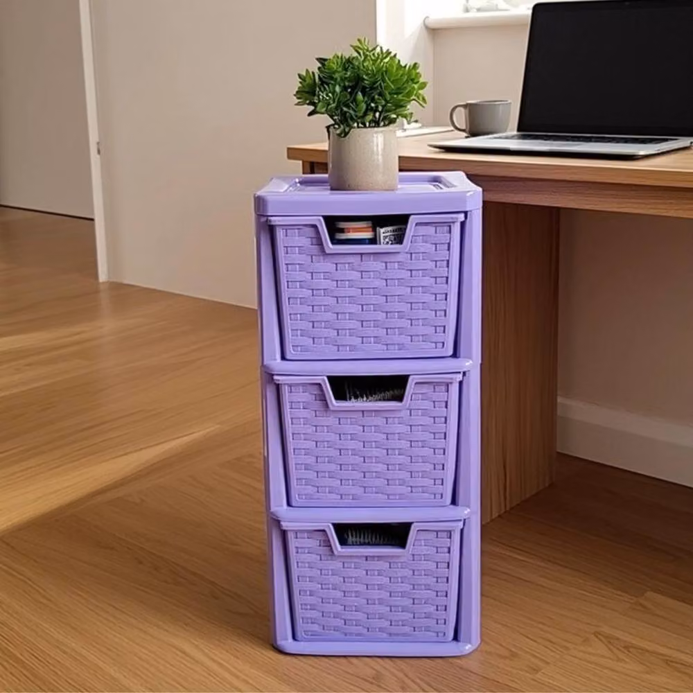 SPETLEK Medium Purple Rattan Style 3 Tier Plastic Drawer Organiser – 3