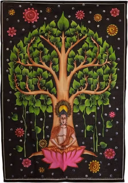 KDMD Ethnic Buddha and Bodhi Tree Cotton Textile Wall Hanging, Multicolour Floral Portrait, W: 70 cm, H: 110 cm