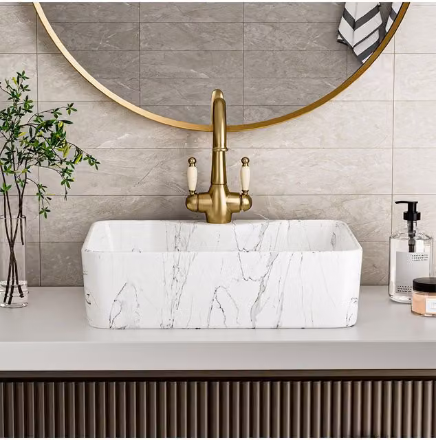 Living and Home Rectangular Ceramic Countertop Vessel Sink in White – 1