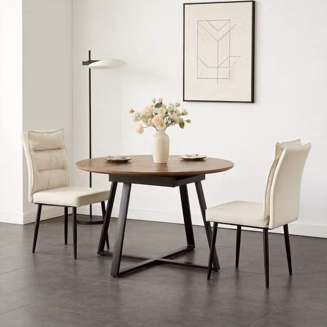 FURNITURE ONE 3-Piece Dining Set with Expandable Round Table and 2 Chairs in Beige