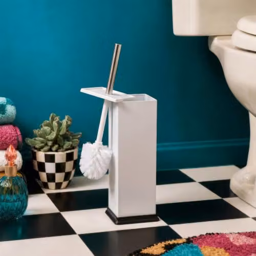 Harbour Housewares White Square Toilet Brush and Holder Set of 2 with Stainless Steel and Plastic Enclosed Design – 2