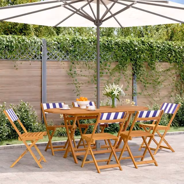 Berkfield Home Set of 6 Folding Acacia Wood Garden Chairs with Blue and White Striped Fabric – 1