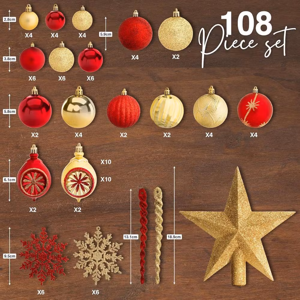 Pelle & Sol 108 Piece Christmas Bauble Set in Gold and Red with Stars, Snowflakes and Icicles Hanging Ornaments – 2