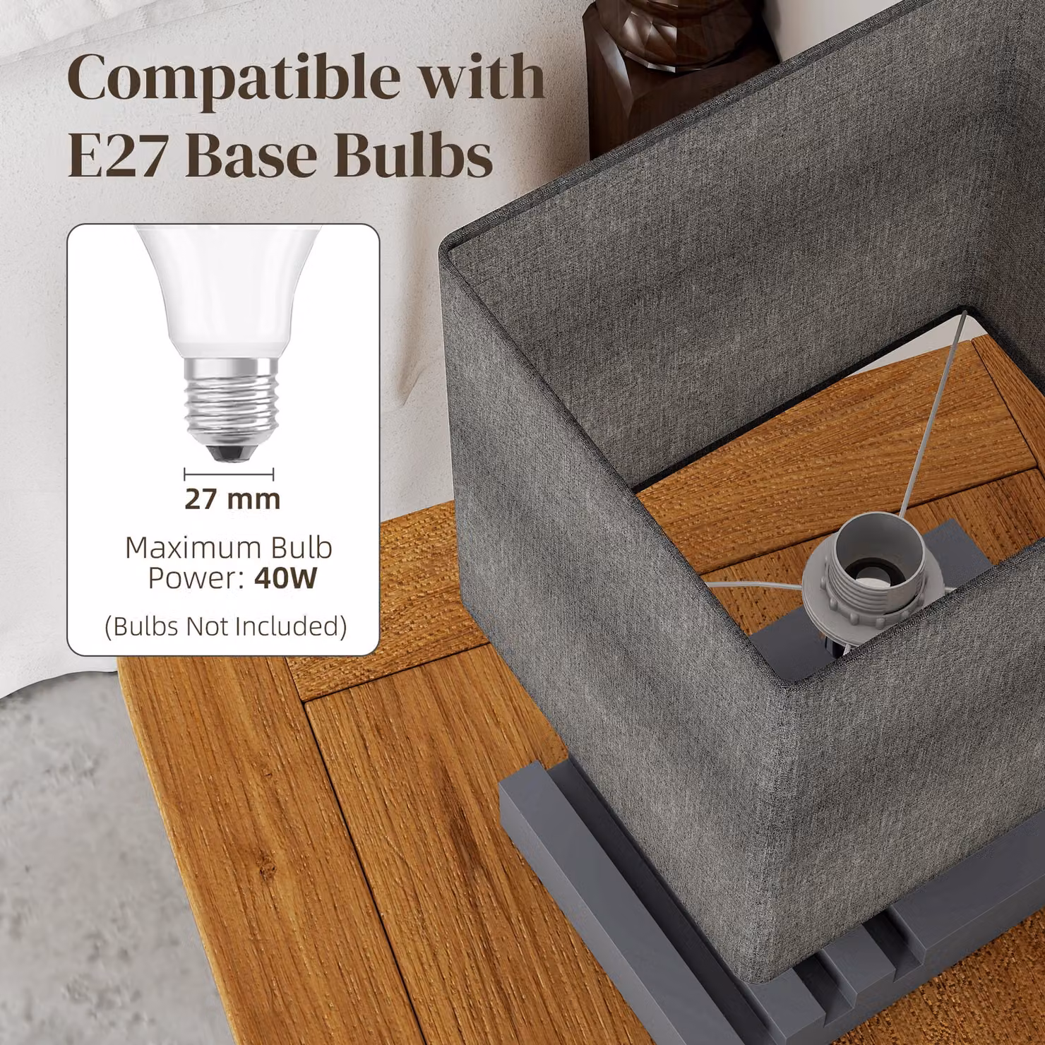 HOMCOM Modern Grey Bedside Lamp with USB A+C Charging Ports, 3 Phone Stands and Solid Wood Base with Fabric Shade, E27 Socket – 6