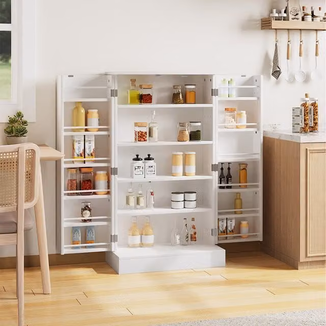 Livingandhome Modern Freestanding Tall Kitchen Pantry Storage Cabinet with Hinged Doors and Internal Shelves in White