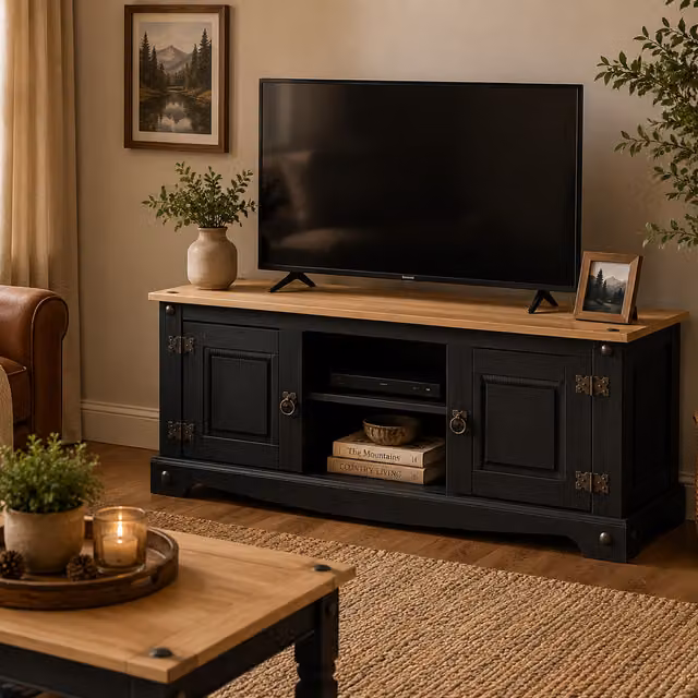 Mews Rustic Pine 2 Door TV Stand in Black, W/D/H: 115 x 40 x 52 cm