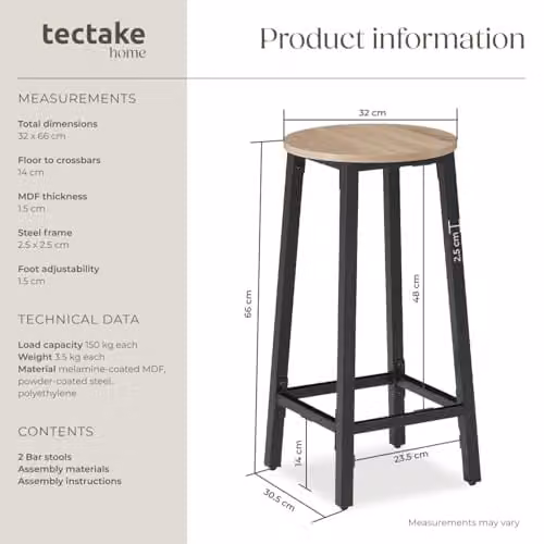 tectake Corby Set of 2 Industrial Bar Stools with Oak Wood Seats and Black Metal Frames – 3