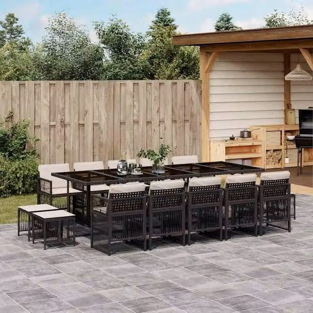 Berkfield Home 15 Piece Black Poly Rattan Garden Dining Set with Cushions and Glass Tabletop