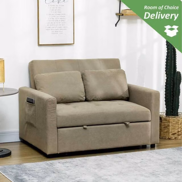 HOMCOM Convertible 2 Seater Click-Clack Sofa Bed with Scatter Cushions, Brown and Beige Fabric Upholstery
