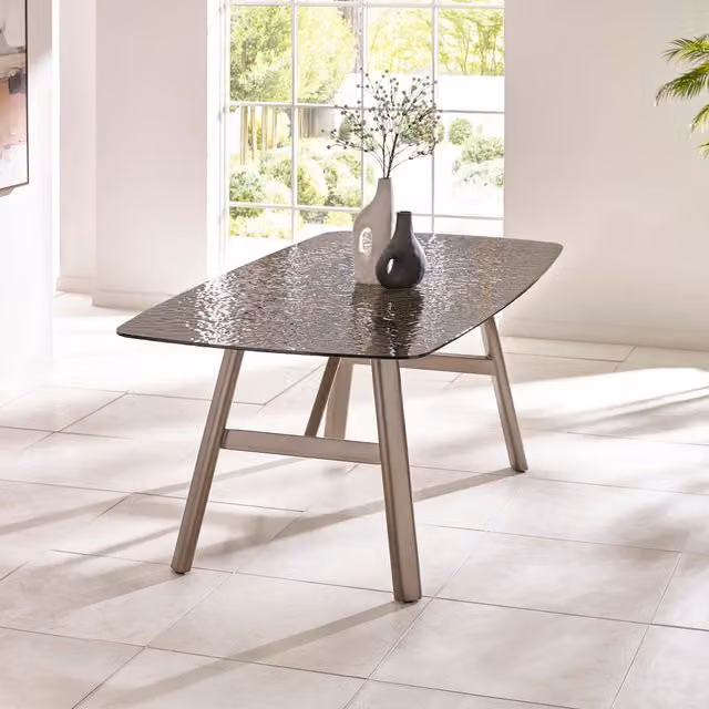 Julian Bowen Callisto Rectangular Smoked Bubble Glass Dining Table in Taupe and Brushed Bronze