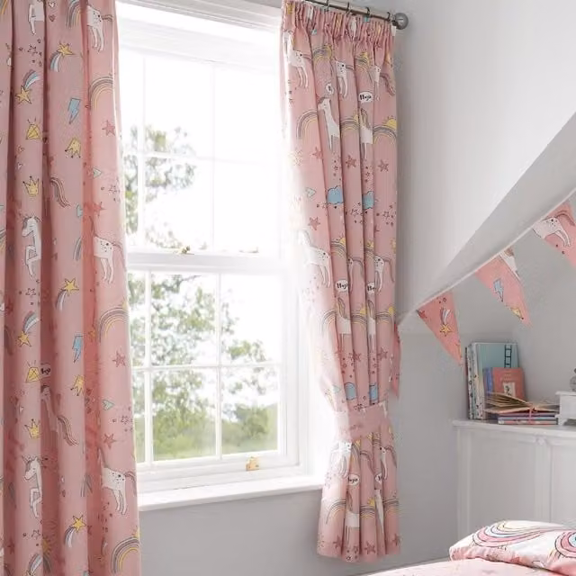 Happy Linen Company Kids Unicorns and Rainbows Pink Fully Lined Pencil Pleat Curtain Set, Width: 167 cm, Drop: 183 cm