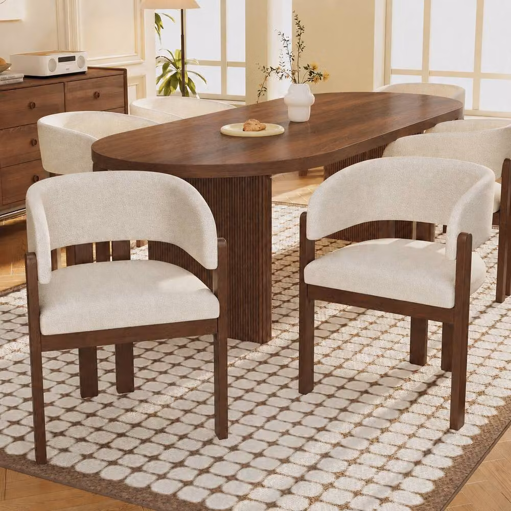 BTM Set of Bouclé Dining Chairs with Solid Walnut Wood in Beige and Brown – 2