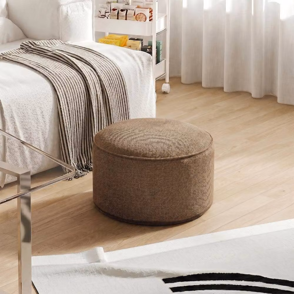 KORVIXA Brown Round Linen Bean Bag Pouf Ottoman Footstool, Diameter: 100 cm – 3