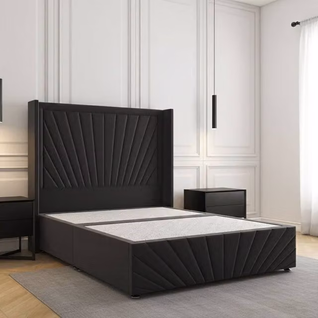 Regional Furnishings Black Velvet Upholstered Divan Bed with 54 inch Headboard and Footboard, W/D/H: 180 x 200 cm
