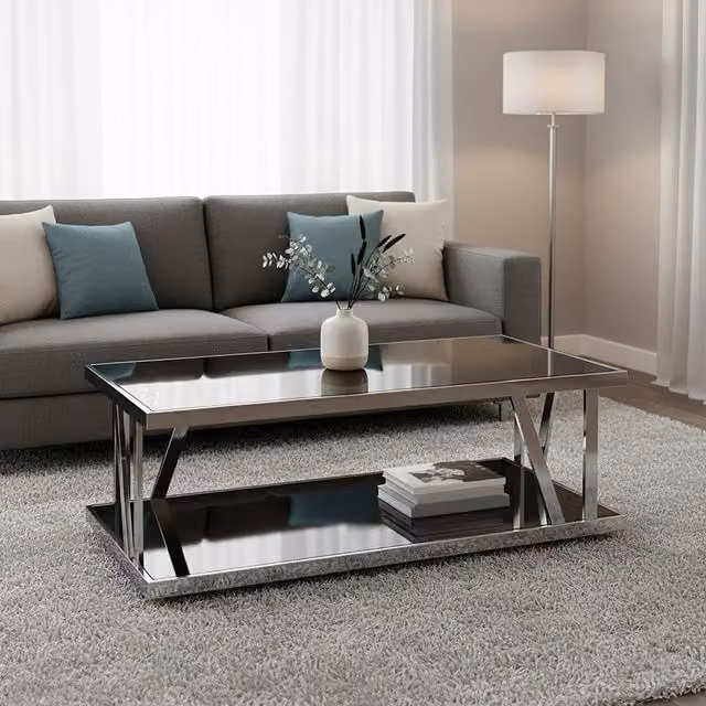 Orsina Modern Rectangular Black Glass and Silver Metal Coffee Table W/D/H: 130 x 70 x 42 cm – 2