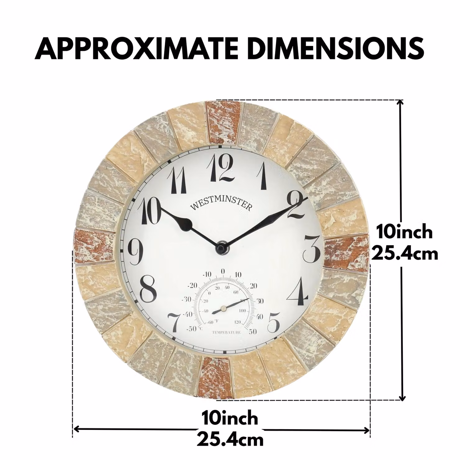Marco Paul Westminster Stone Slates Round Analog Garden Clock and Thermometer, Diameter: 26 cm – 2