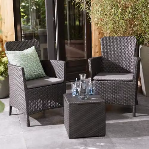 Keter Miami Balcony Set in Grey, featuring 2 Wicker-Style Chairs with Cushions and a Storage Table – 2