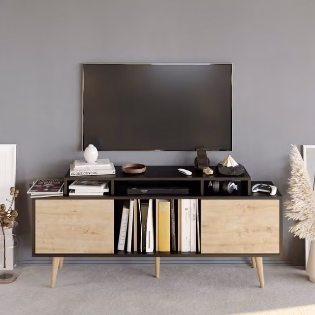 Decorotika Charlize Mid-Century TV Unit in Black and Sapphire Oak for TVs up to 63 inch