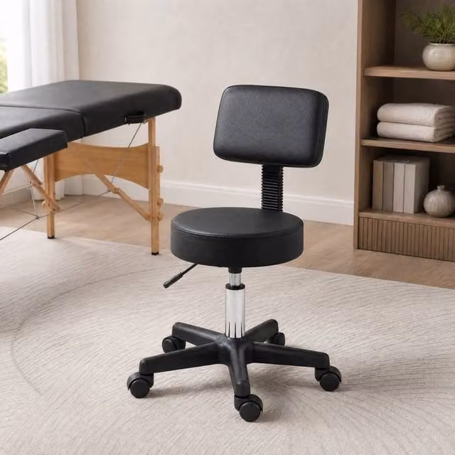 STILVORA Adjustable Salon Stool with Backrest in Black PU and Plastic – 1