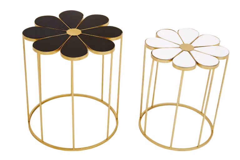 Orsina Set of Two Flower Shaped Petal Side Tables in Black, White and Gold