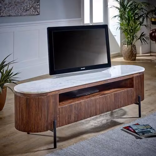 Indian Hub Opal Large TV Stand with Marble Top and Metal Legs in Brown, W: 170 cm, D: 40 cm, H: 50 cm – 4