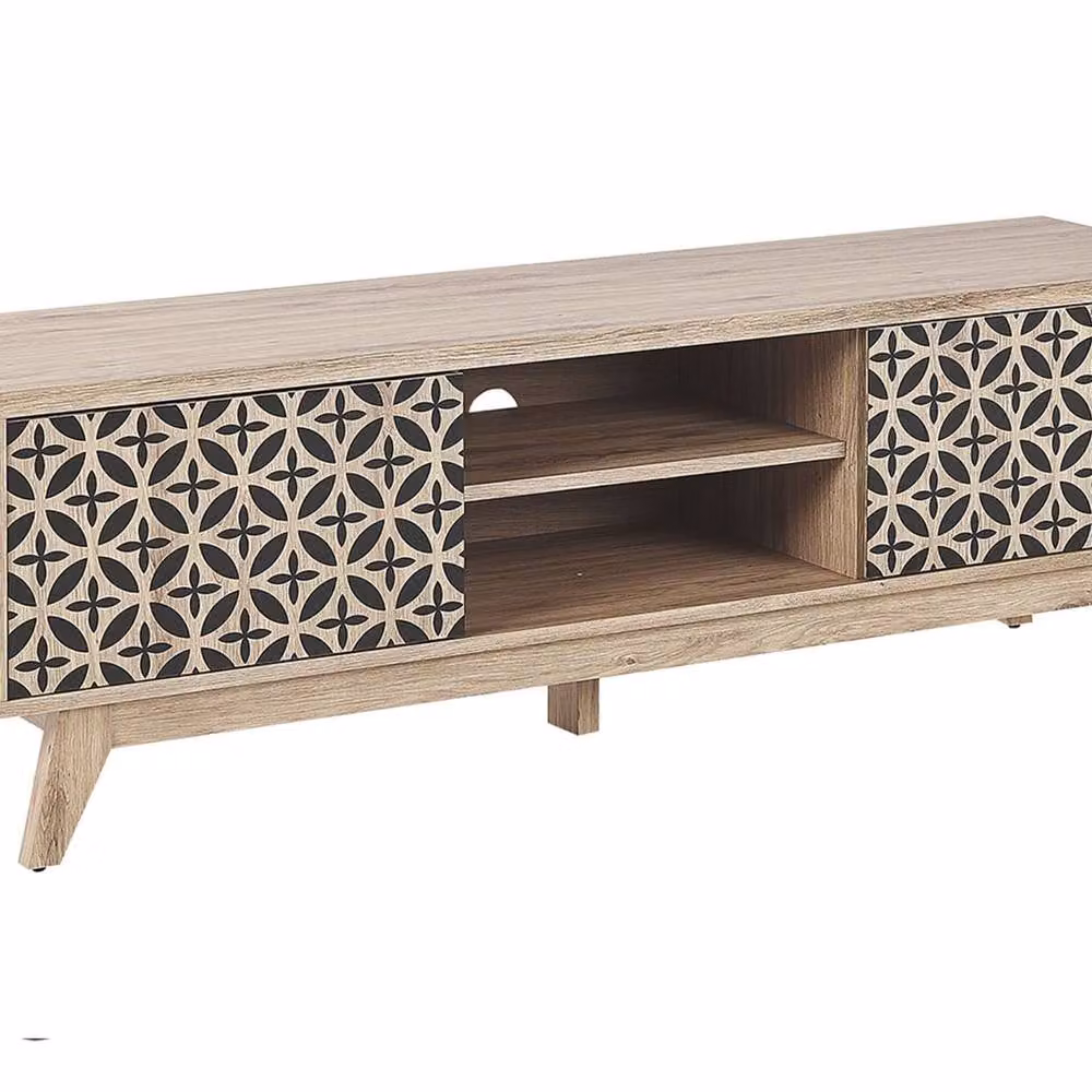 Wyld and Coco Retro TV Stand in Brown with Geometric Ornamented MDF Doors and Cable Management – 2