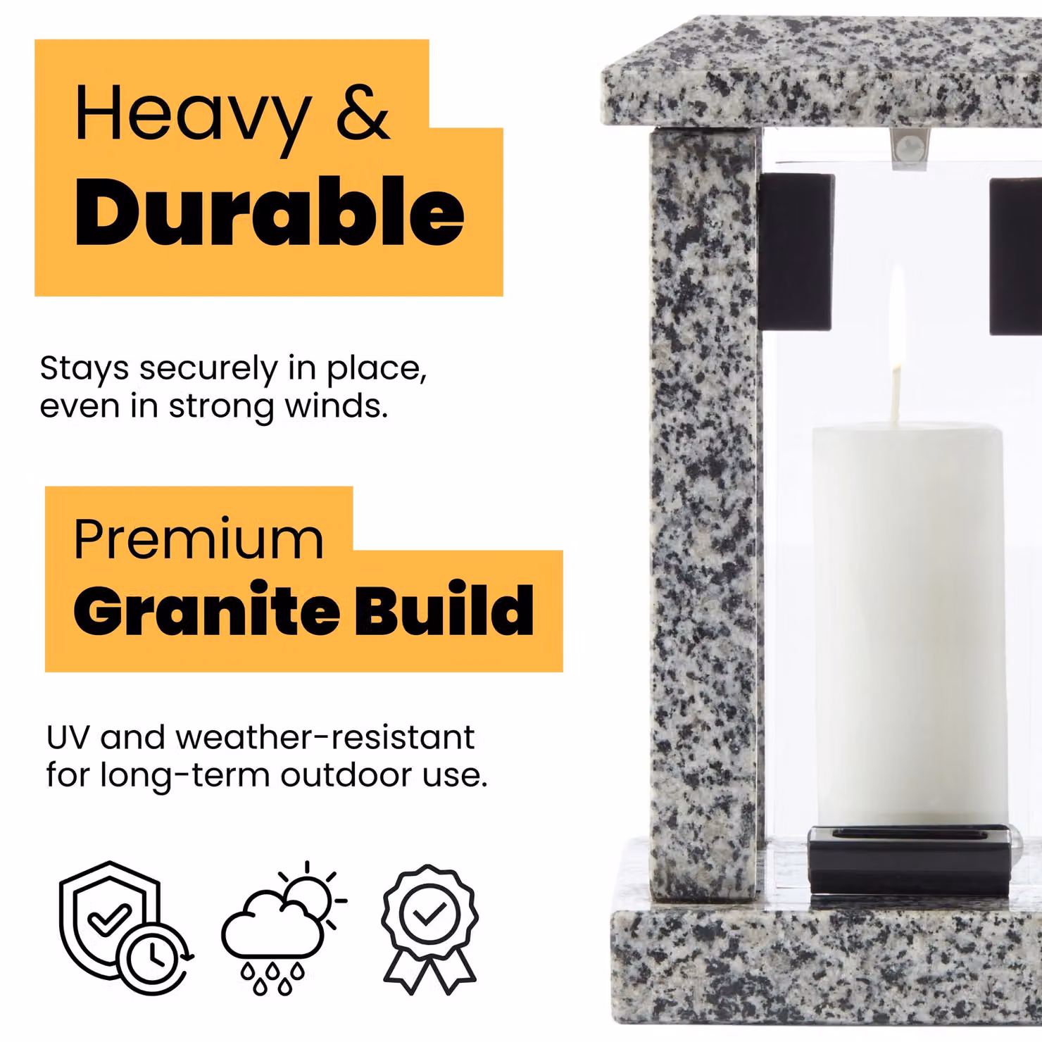 Novecrafto Large Polished Grey Granite Memorial Candle Lantern, H 32 cm, W 15 cm, D 15 cm – 2