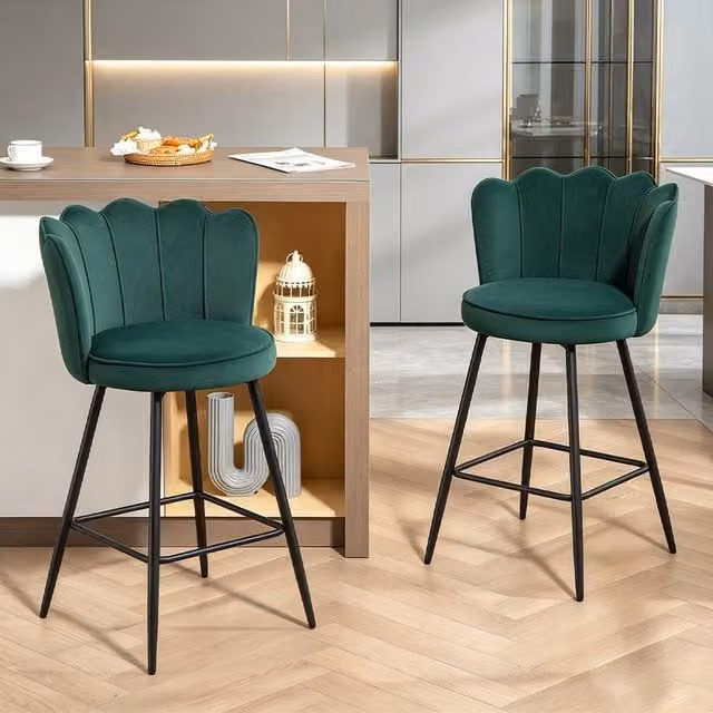 ERGOVEXA Lotus Plush Velvet Bar Stools, Set of 2, Dark Green