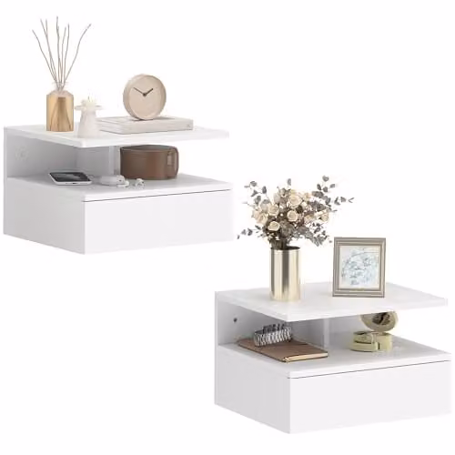 HOMCOM Set of 2 White Wall Mounted Floating Bedside Tables with Storage Drawers