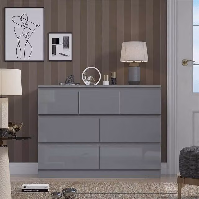 VOGREX 7 Drawer Chest of Drawers with Grey Gloss Fronts and Matt Frame
