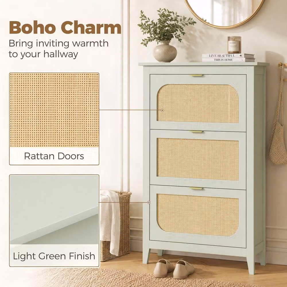 STILVORA Scandinavian Style Shoe Cabinet with 3 Rattan Detail Tilting Compartments in Matt Green – 3