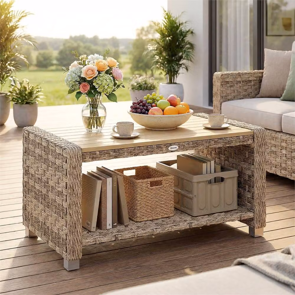 EONLION Brown Rattan Outdoor Side Table with Storage Shelf, Width: 100 cm – 3