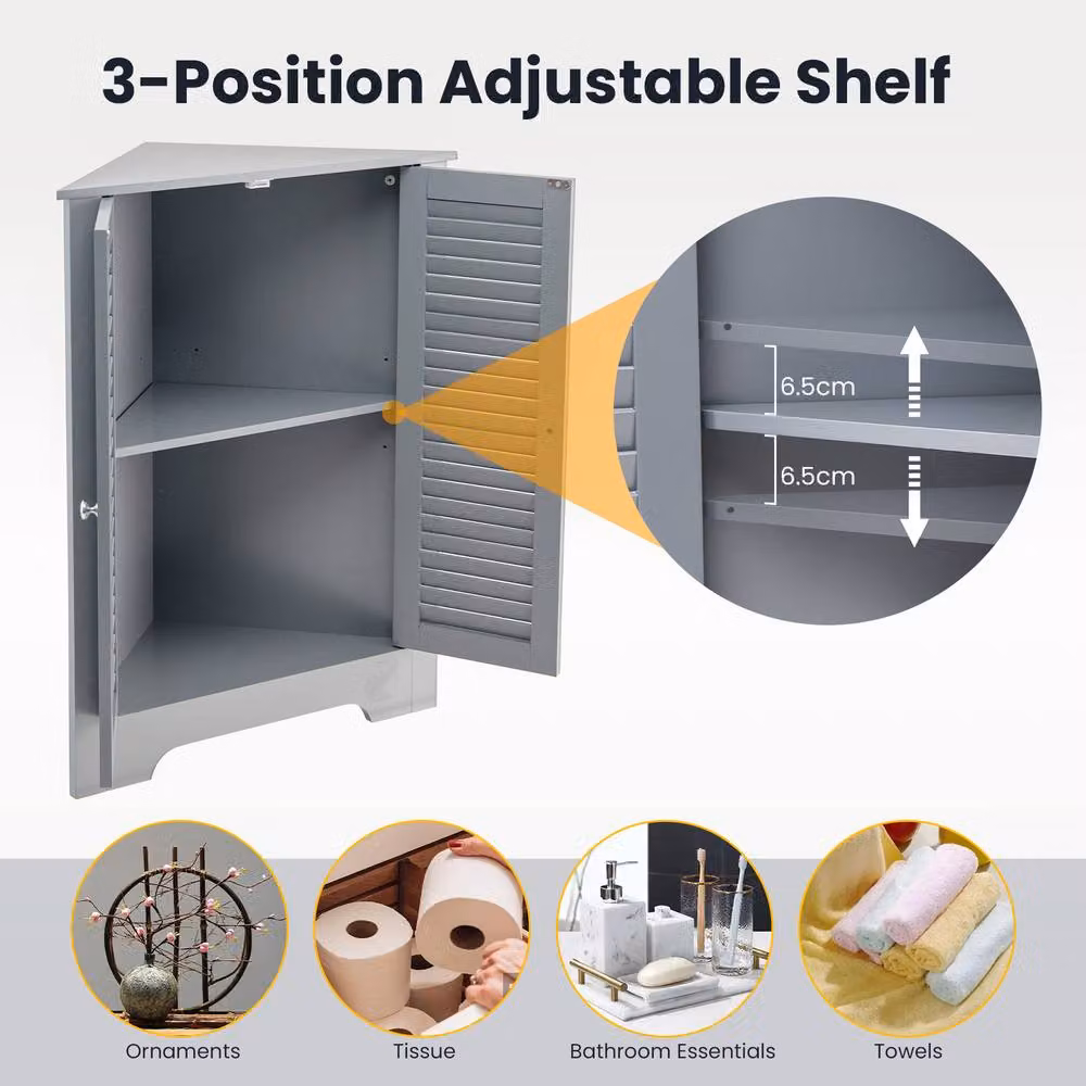 Gymax Freestanding Corner Storage Cabinet with Double Roll Shutter Doors in Matt Grey – 4